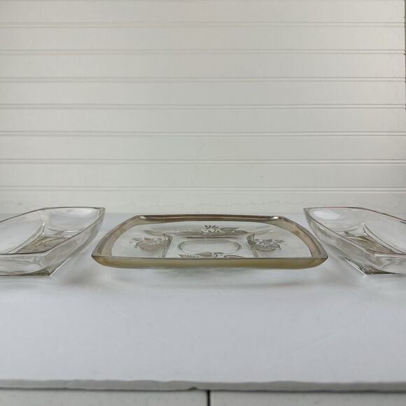 Lot: 3 Vintage Georges Briard Silver Damask Glass Serving Dish Trays MCM Hostess - Picture 9 of 10